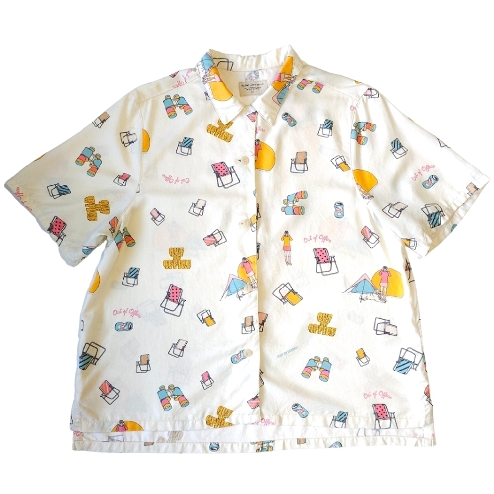 Nudie Jeans Bea Out of Office Off White Bowling Shirt Size Medium